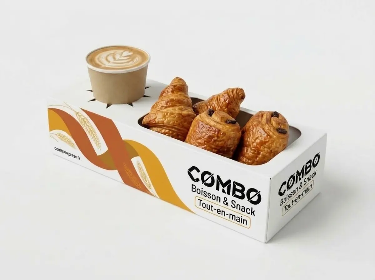 La boîte COMBO avec un café et des viennoiseries, habillage tressé terracotta et safran