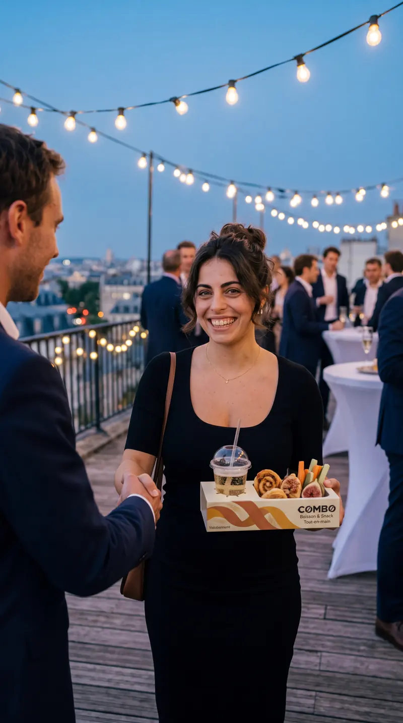 À un afterwork, elle serre une main, sa boîte COMBO dans l’autre
