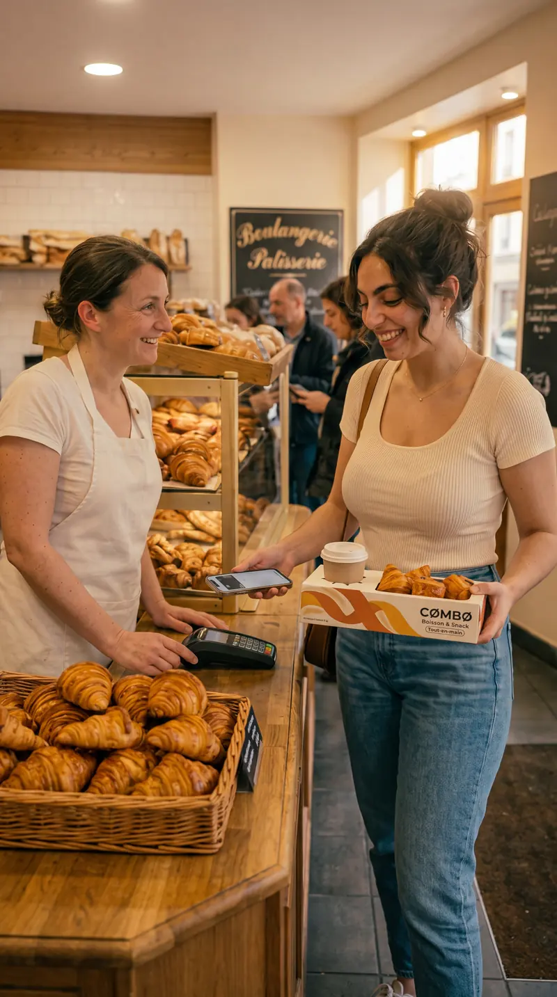 Une boulangère tend la boîte COMBO à une cliente au comptoir