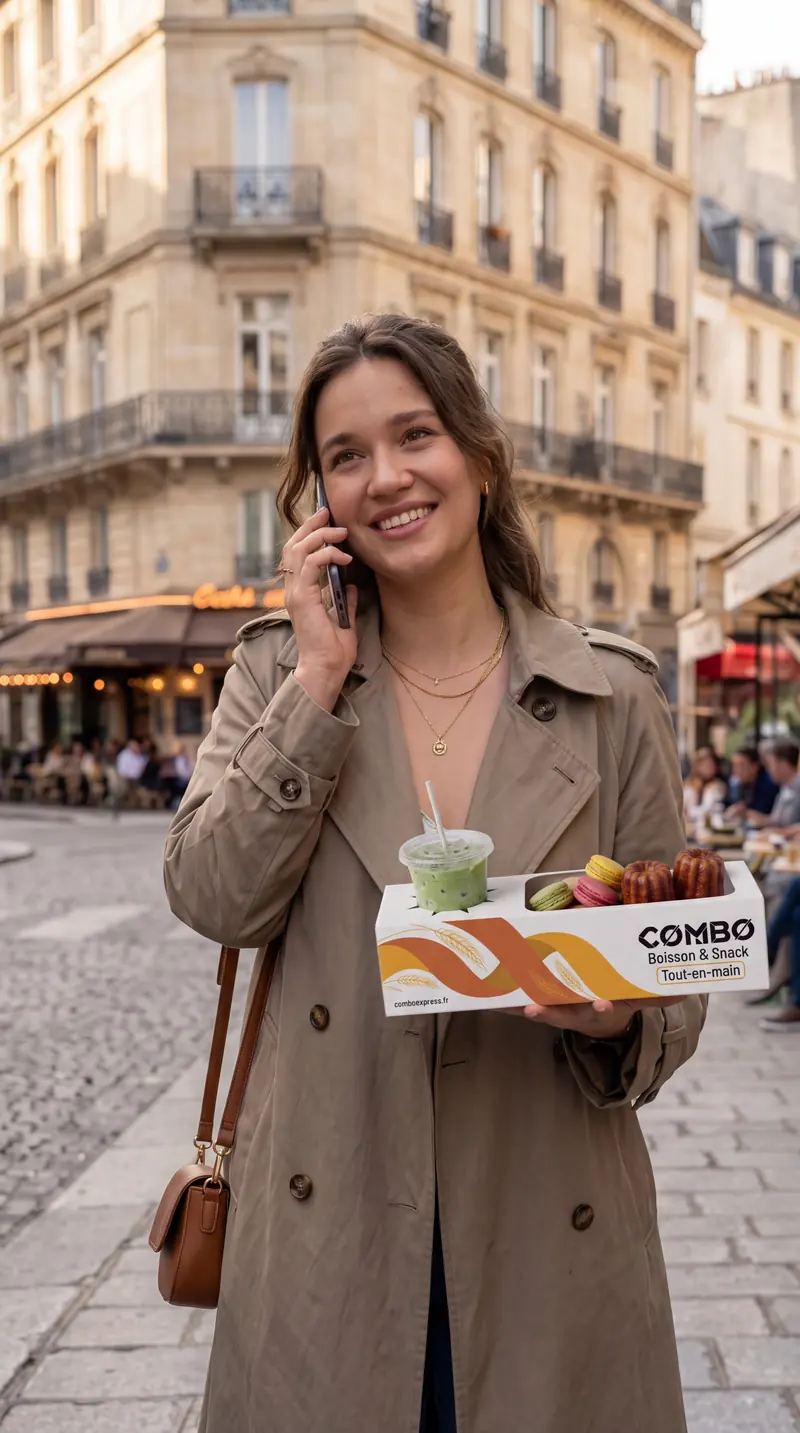 Dans la rue, elle téléphone, sa boîte COMBO dans l’autre main