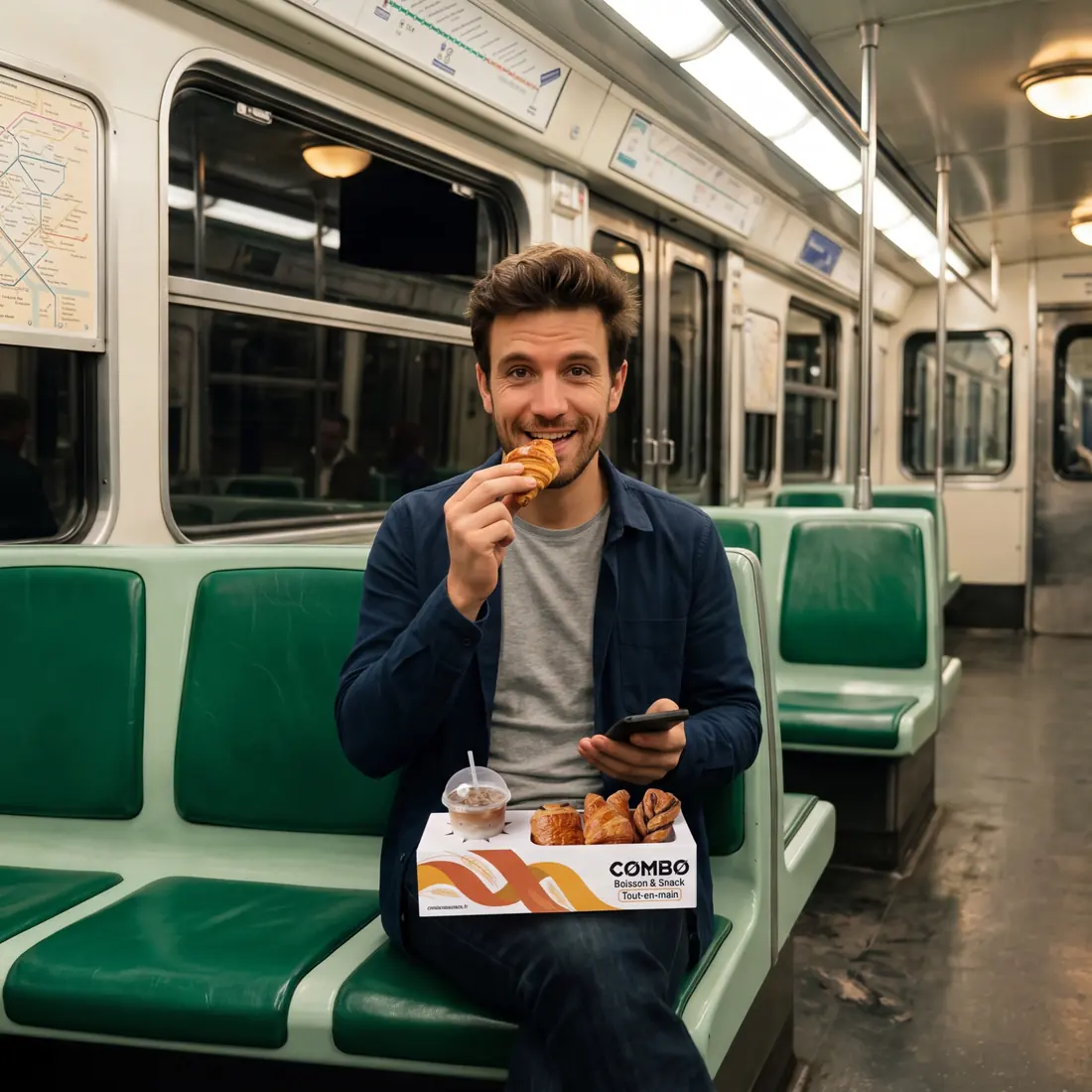 Avec COMBO posé sur ses genoux, il mange et consulte son téléphone